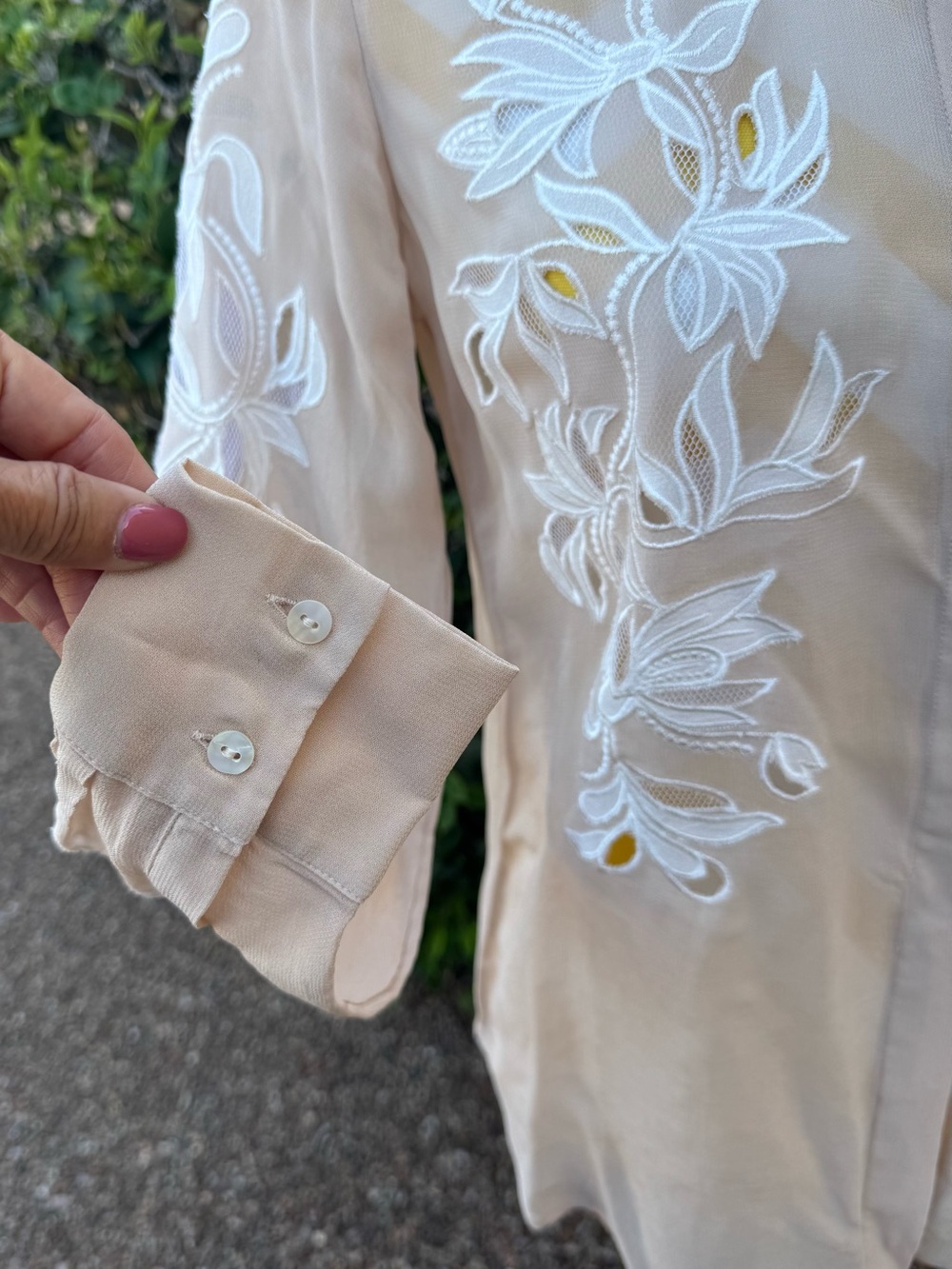 Reiss Sheer Embroidered Floral Button-Up Blouse in Beige - Picture 11 of 15